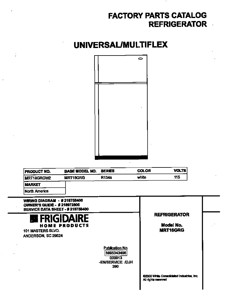 COVER Diagram and Parts List for MRT18GRGW2  Frigidaire Refrigerator