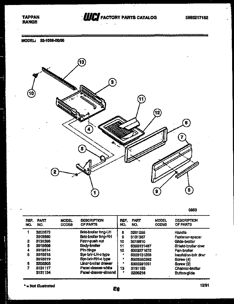 BROILER DRAWER PARTS Diagram and Parts List for 32-1039-23-06  Tappan Range