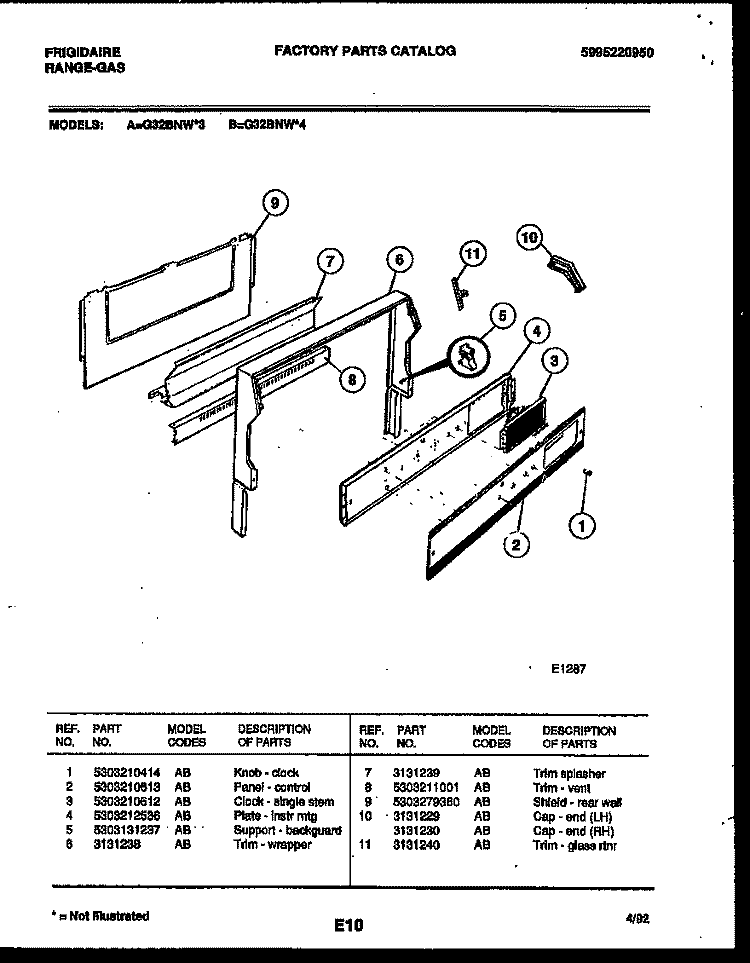 BACKGUARD Diagram and Parts List for G32BNW3  Frigidaire Range