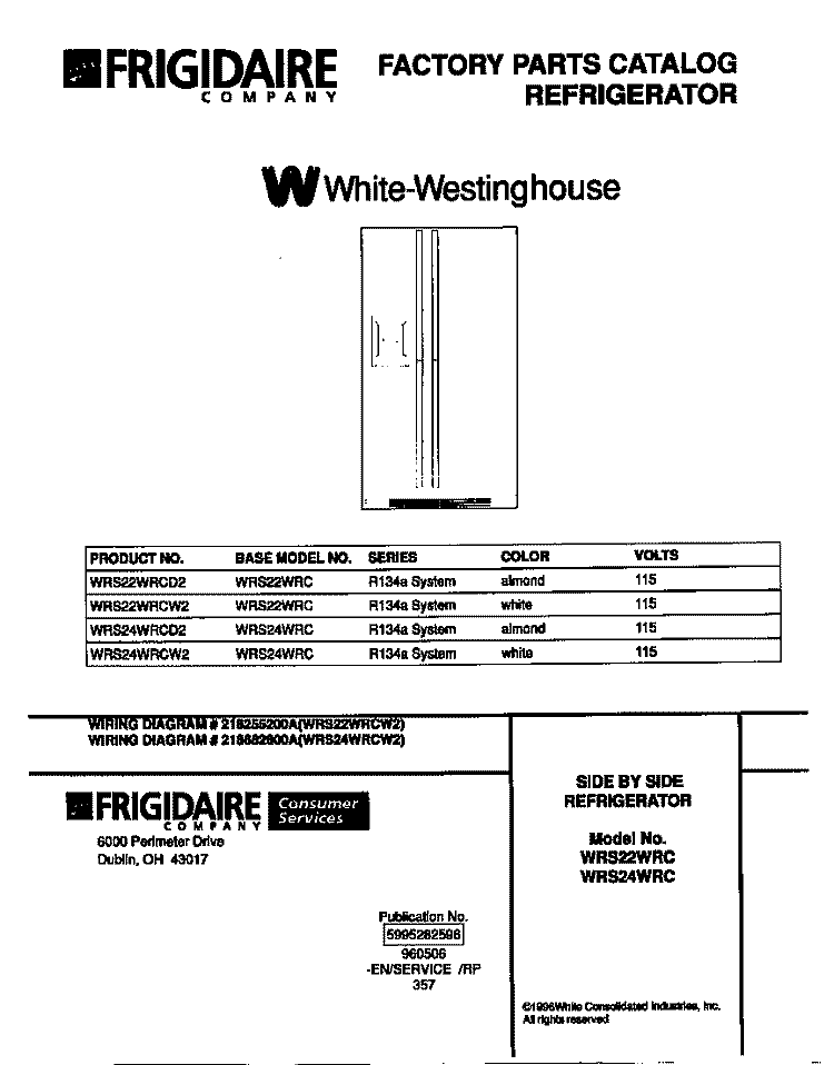 COVER Diagram and Parts List for WRS22WRCW2  Frigidaire Refrigerator