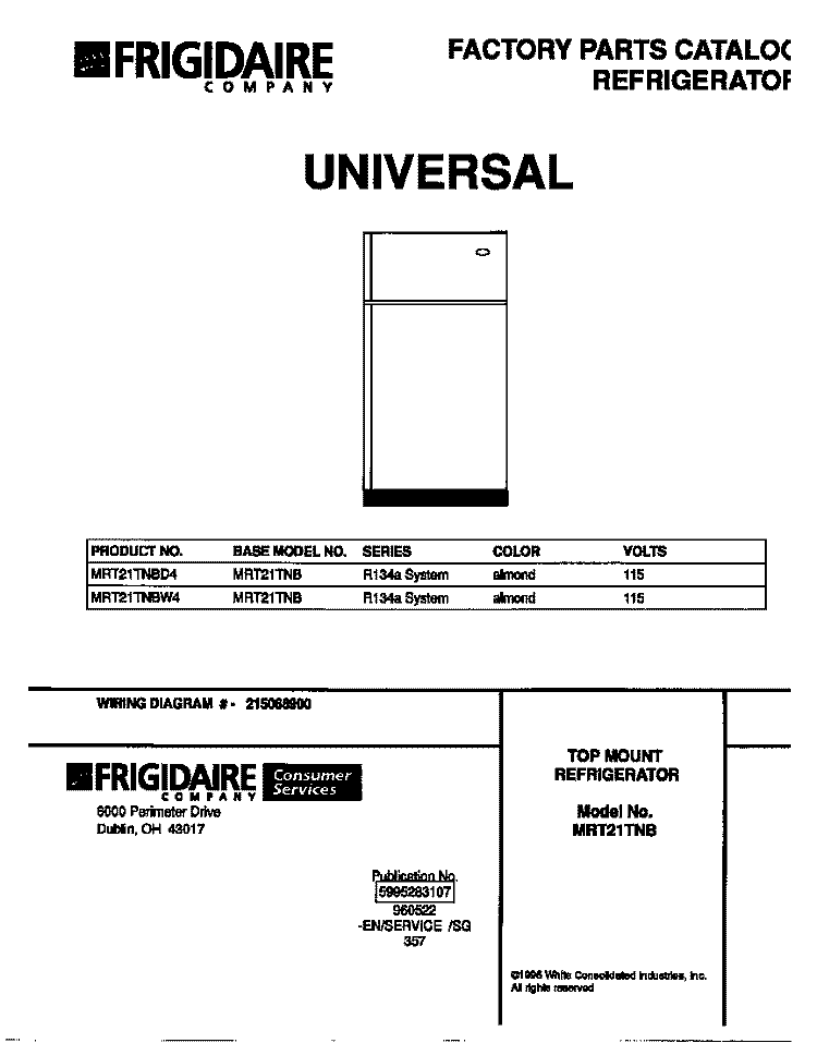 COVER Diagram and Parts List for MRT21TNBW4  Frigidaire Refrigerator