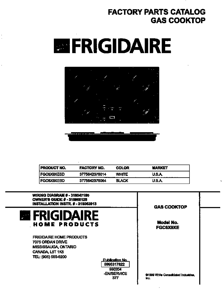 COVER Diagram and Parts List for FGC6X9XEBD  Frigidaire Cooktop