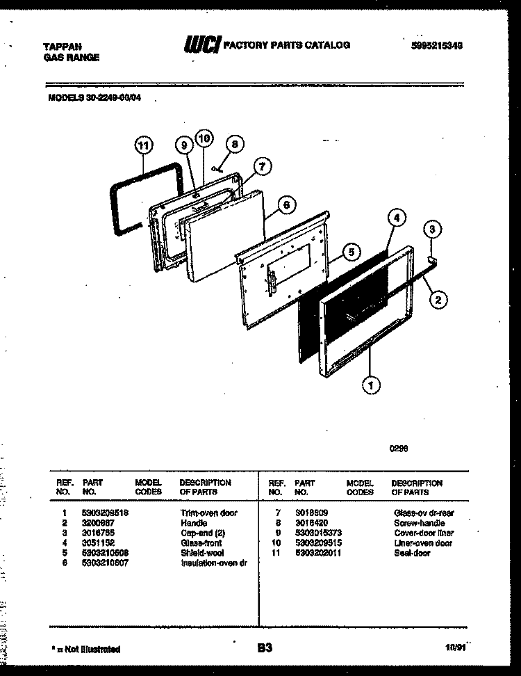 DOOR PARTS Diagram and Parts List for 30-2249-00-04  Tappan Range