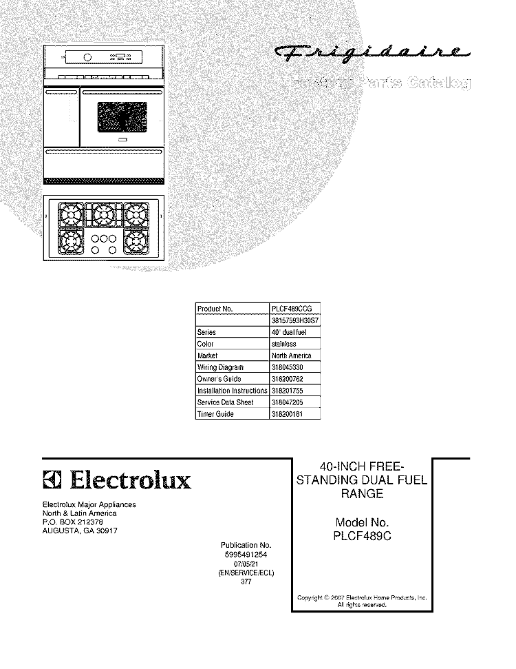 COVER Diagram and Parts List for PLCF489CCG  Frigidaire Range