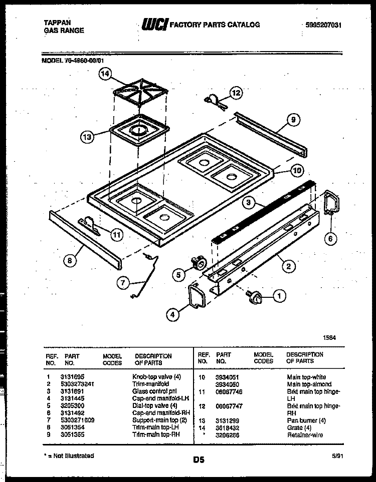 COOKTOP PARTS Diagram and Parts List for 76-4960-00-01  Tappan Microwave Oven Combo