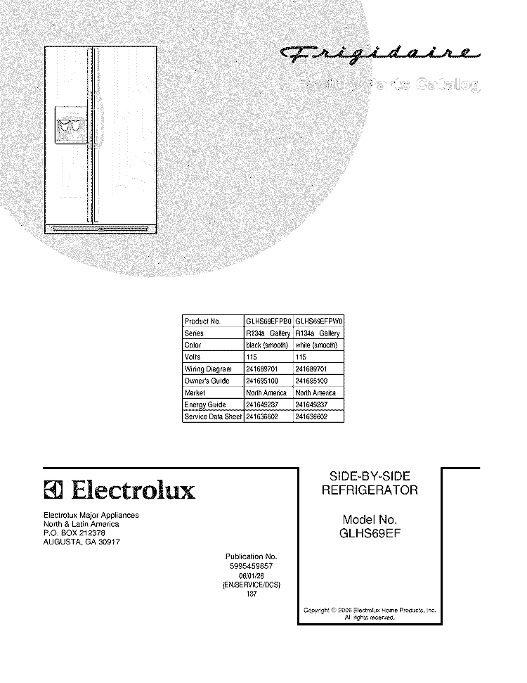 COVER Diagram and Parts List for GLHS69EFPB0  Frigidaire Refrigerator