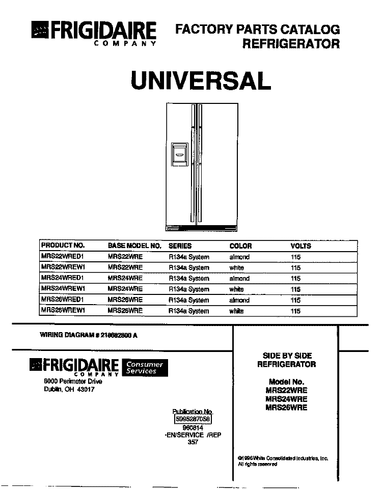 COVER Diagram and Parts List for MRS24WRED1  Frigidaire Refrigerator