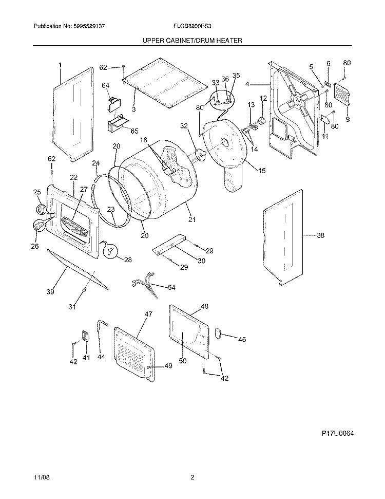 UPPER CABINET/DRUM HEATER Diagram and Parts List for FLGB8200FS3  Frigidaire Washer Dryer Combo