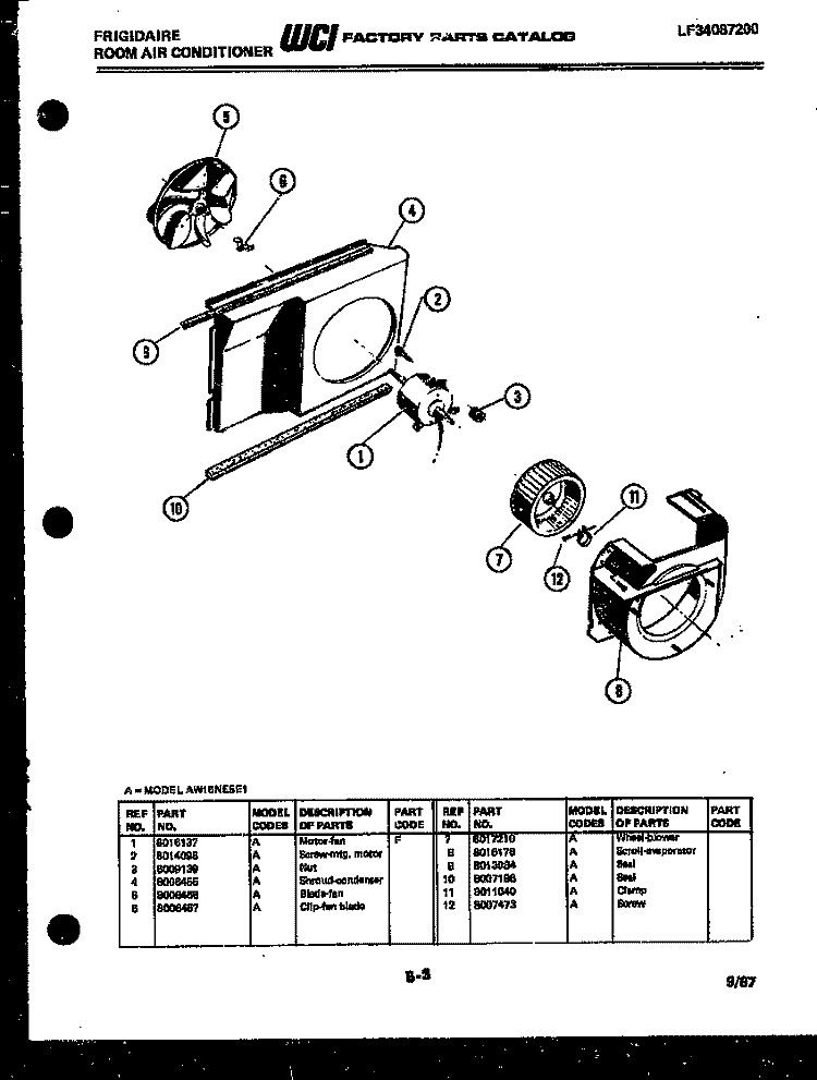 AIR HANDLING PARTS Diagram and Parts List for AW15NE5E1  Frigidaire Air Conditioner