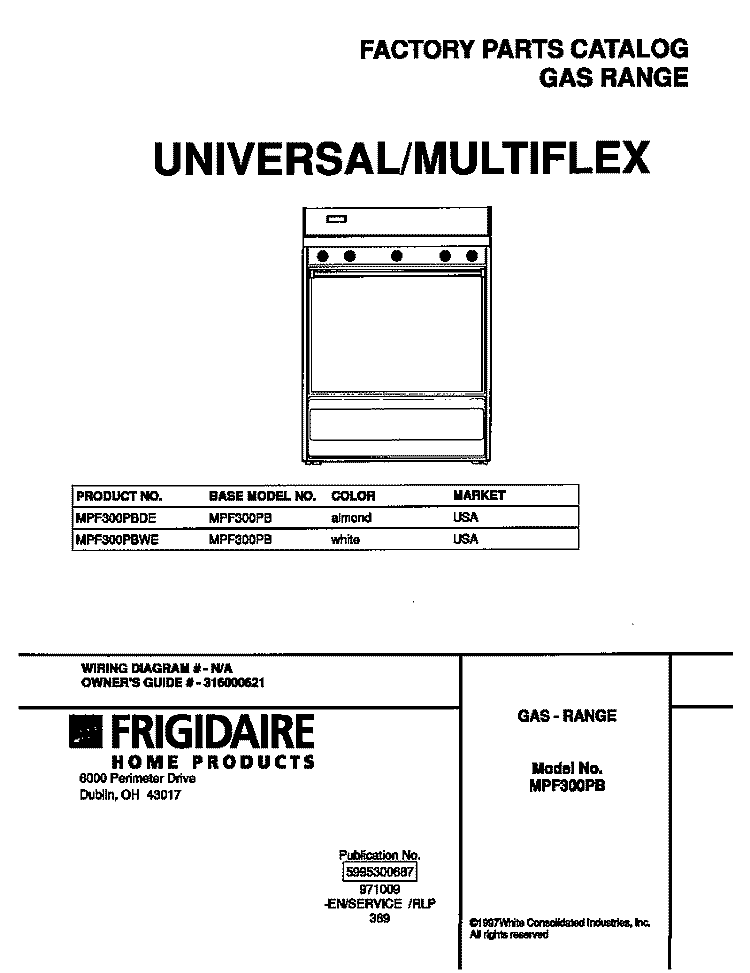 COVER Diagram and Parts List for MPF300PBDE  Frigidaire Range