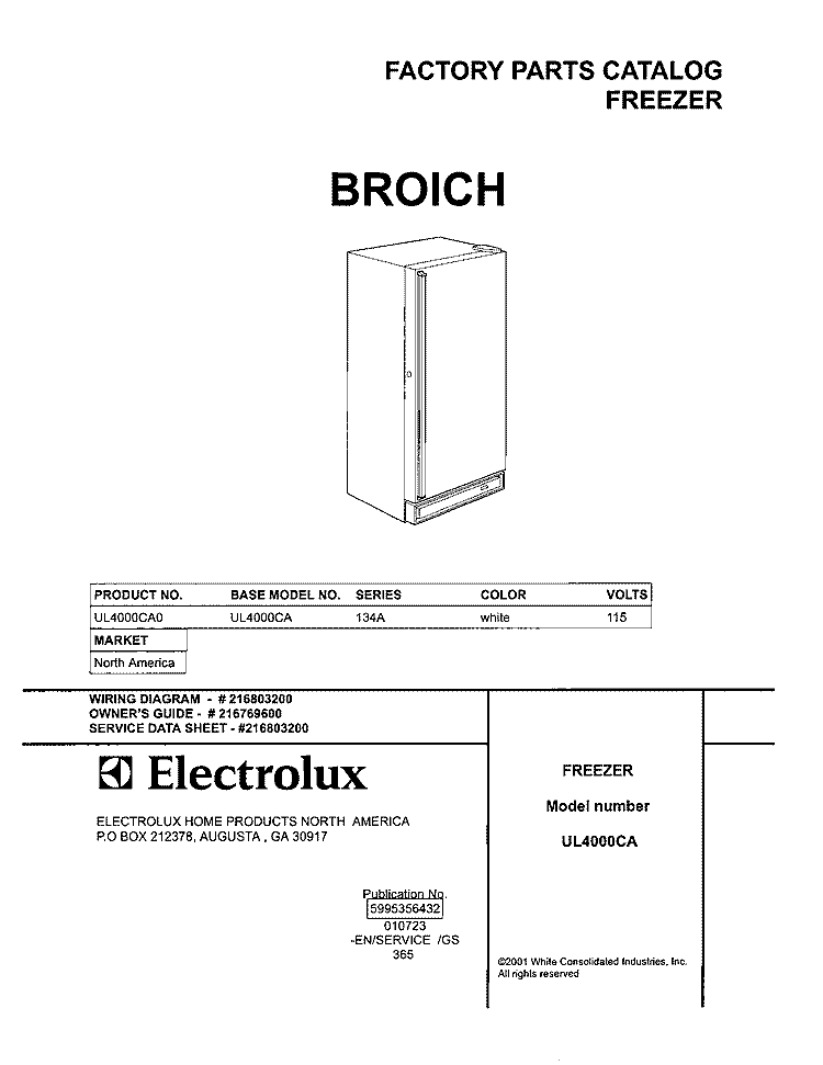 COVER Diagram and Parts List for UL4000CA0  Electrolux Freezer