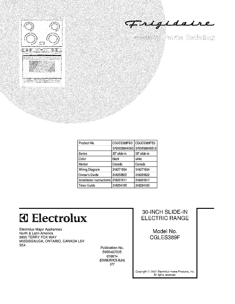 COVER Diagram and Parts List for CGLES389FS3  Frigidaire Range