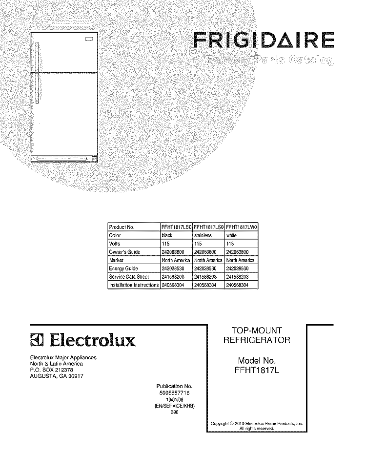 COVER Diagram and Parts List for FFHT1817LS0  Frigidaire Refrigerator