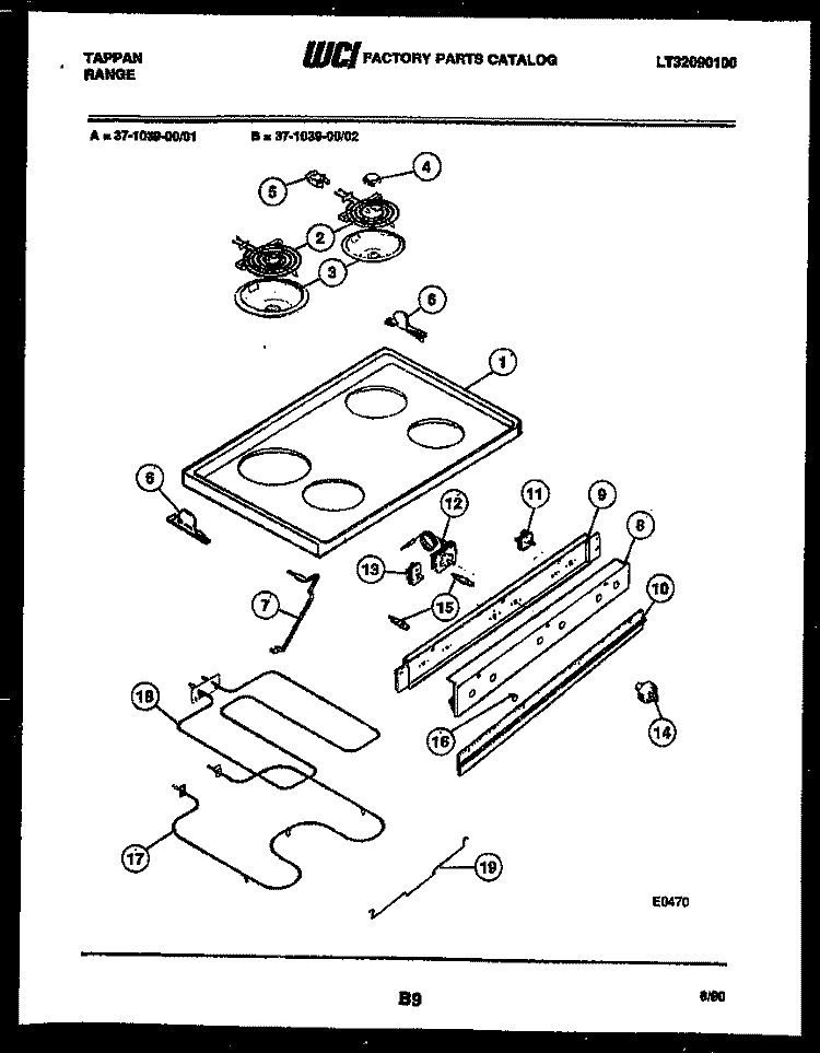 COOKTOP AND BROILER PARTS Diagram and Parts List for 37-1039-00-01  Tappan Range