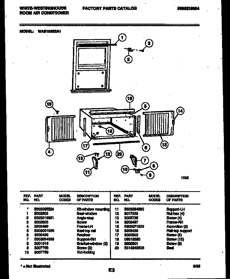 CABINET AND INSTALLATION PARTS Diagram and Parts List for WAS183S2A1  Frigidaire Air Conditioner