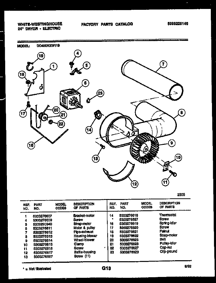BLOWER AND DRIVE PARTS Diagram and Parts List for DC400RXD119  Frigidaire Dryer