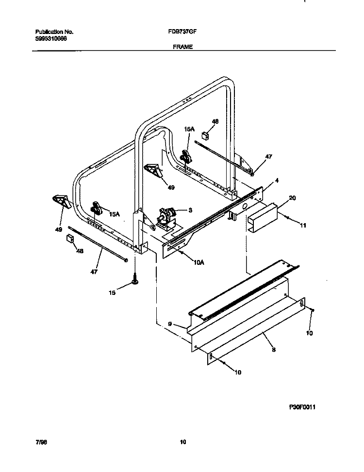FRAME Diagram and Parts List for FDB737GFT1  Frigidaire Dishwasher
