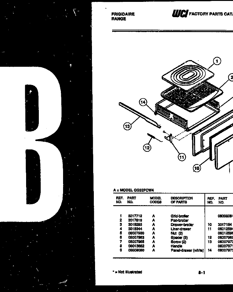 BROILER DRAWER PARTS Diagram and Parts List for GG32PCW4  Frigidaire Range