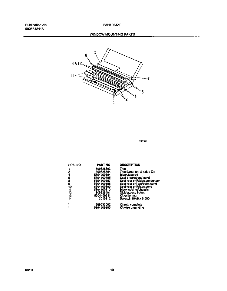 WINDOW MOUNTING PARTS Diagram and Parts List for FAH106J2T2  Frigidaire Air Conditioner