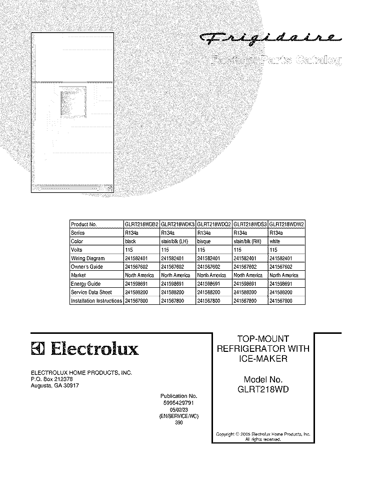 COVER Diagram and Parts List for GLRT218WDB2  Frigidaire Refrigerator