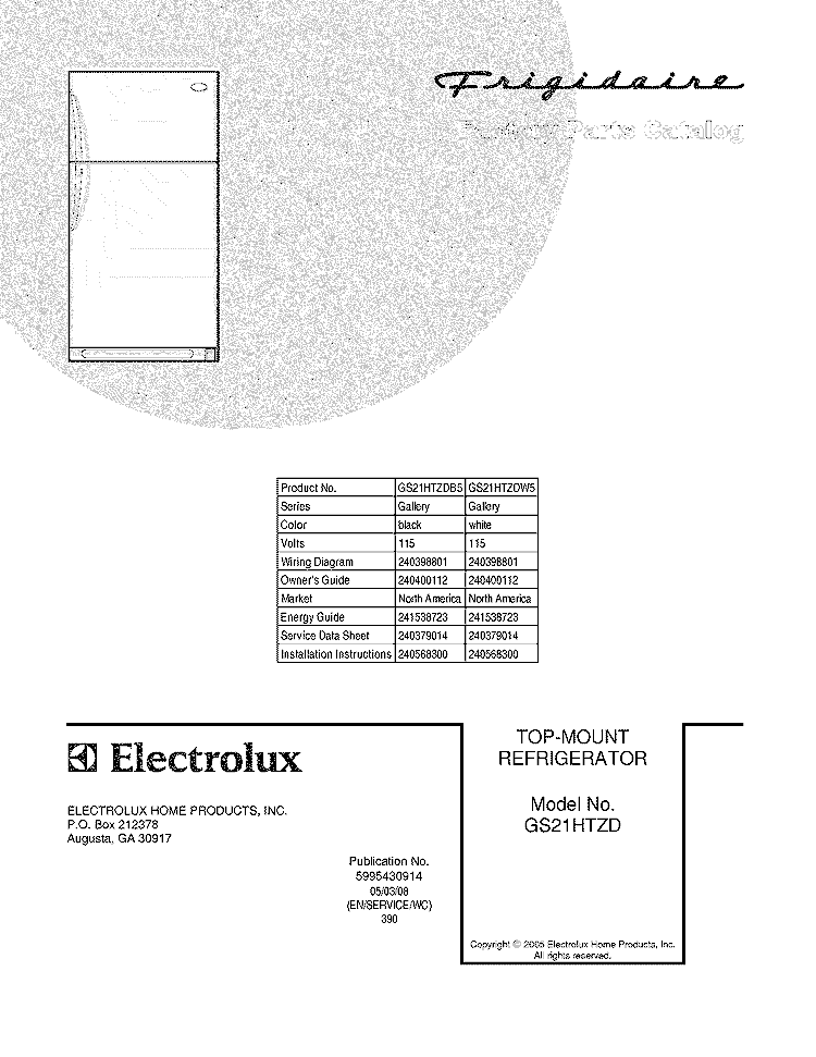 COVER Diagram and Parts List for GS21HTZDW5  Frigidaire Refrigerator