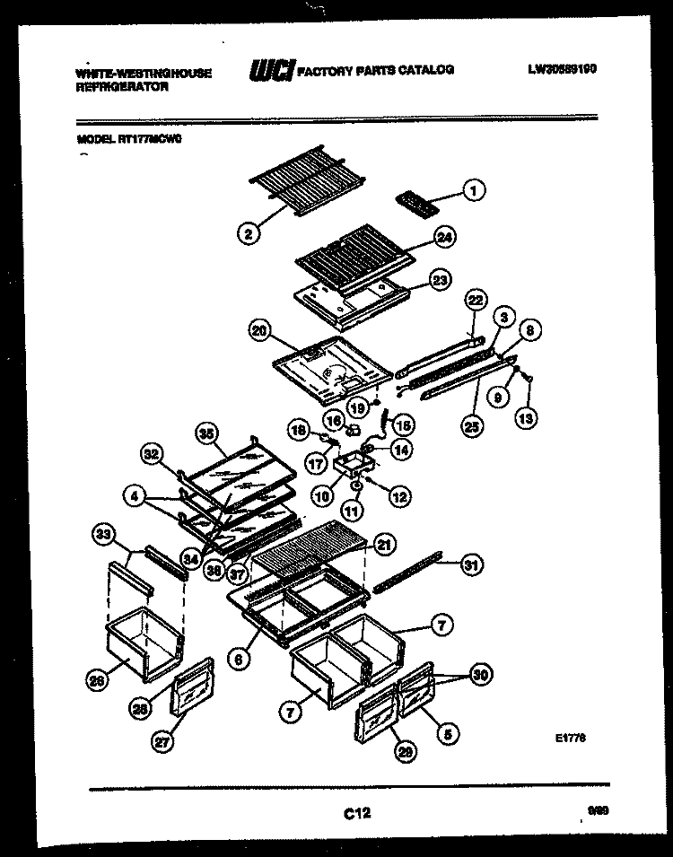 SHELVES AND SUPPORTS Diagram and Parts List for RT177MCW0  Frigidaire Refrigerator