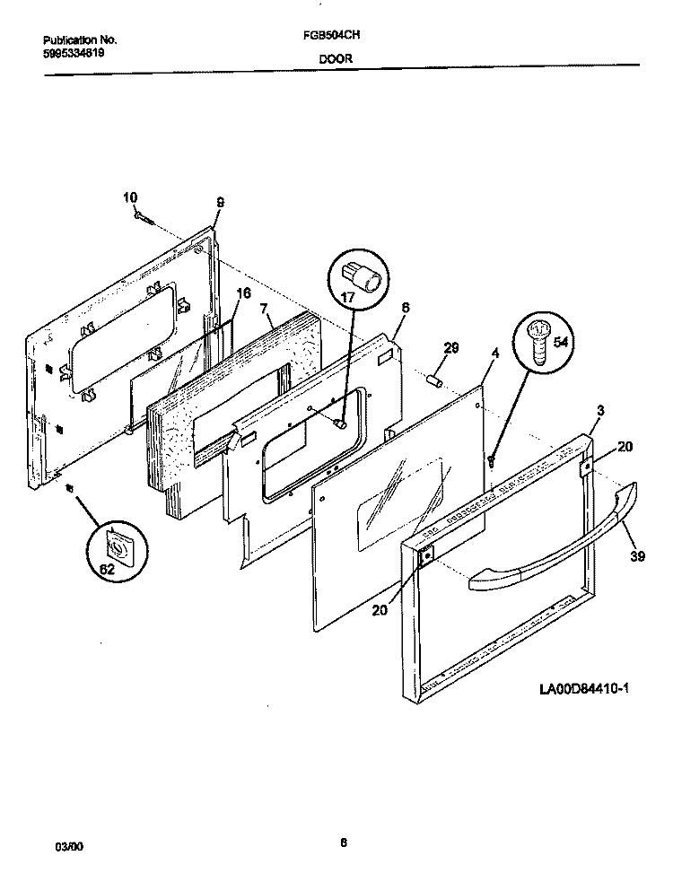 DOOR Diagram and Parts List for FGB504CHBB  Frigidaire Wall Oven