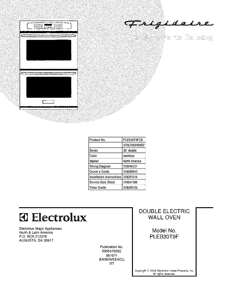 COVER Diagram and Parts List for PLEB30T9FCB  Frigidaire Wall Oven