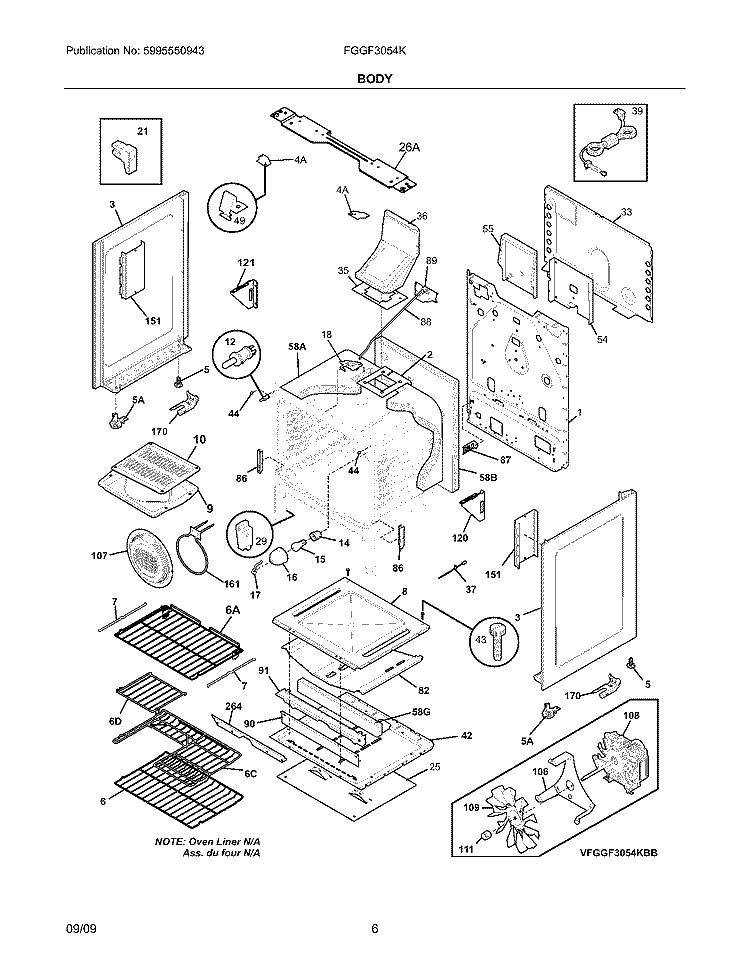 BODY Diagram and Parts List for FGGF3054KBB  Frigidaire Range