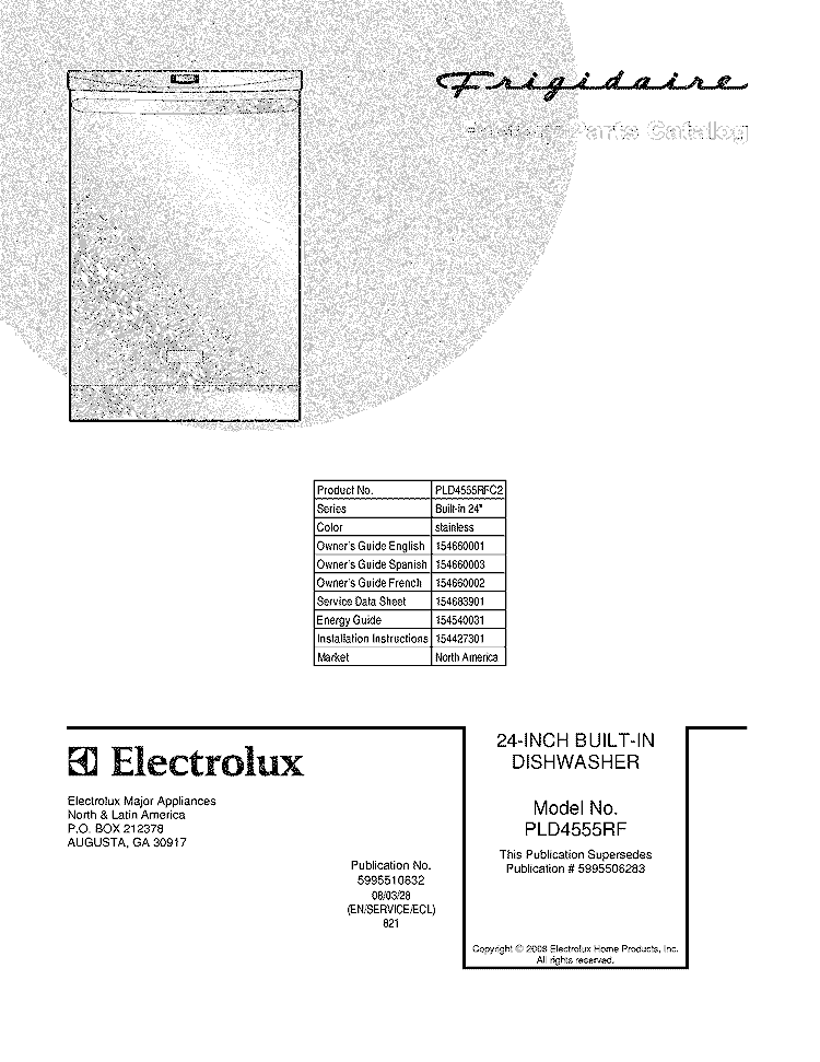 COVER Diagram and Parts List for PLD4555RFC2  Frigidaire Dishwasher