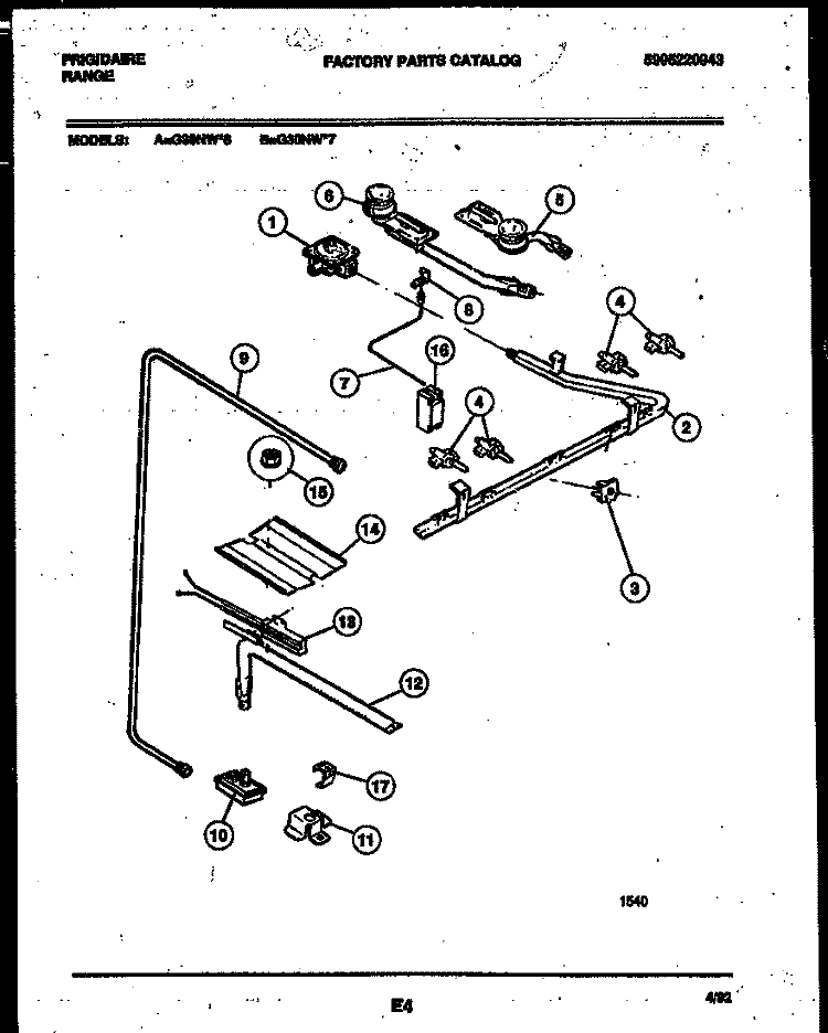 BURNER, MANIFOLD AND GAS CONTROL Diagram and Parts List for G30NW7  Frigidaire Range