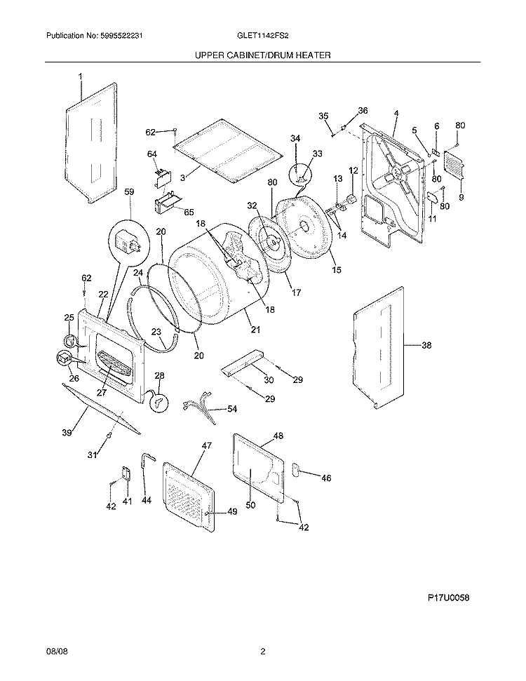 UPPER CABINET/DRUM HEATER Diagram and Parts List for GLET1142FS2  Frigidaire Washer Dryer Combo
