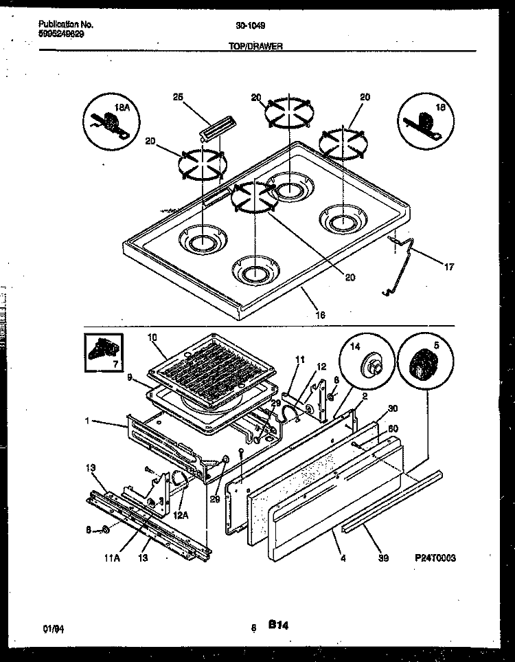 COOKTOP AND BROILER DRAWER PARTS Diagram and Parts List for 30-1049-00-11  Tappan Range