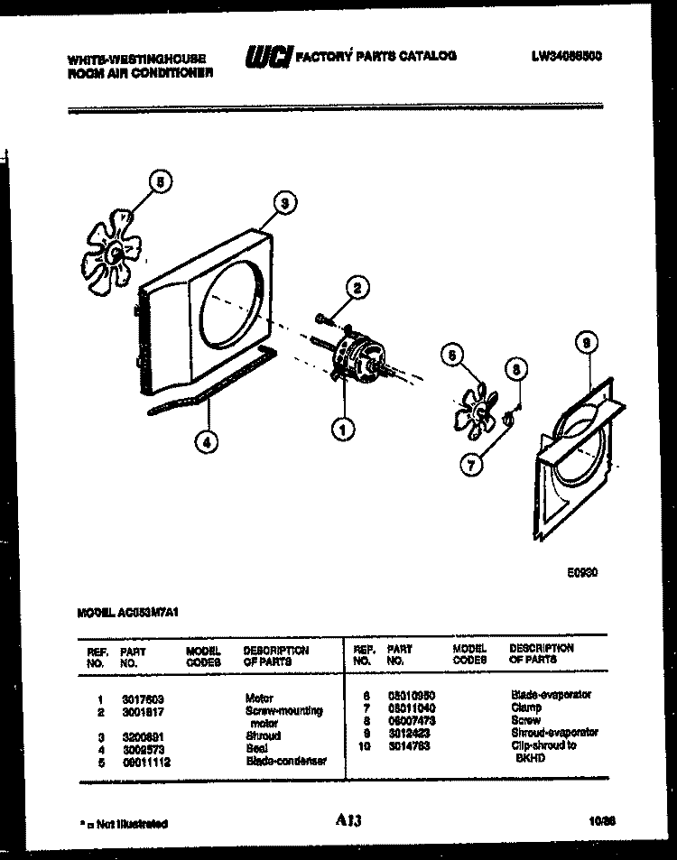 AIR HANDLING PARTS Diagram and Parts List for AC053M7A1  Frigidaire Air Conditioner