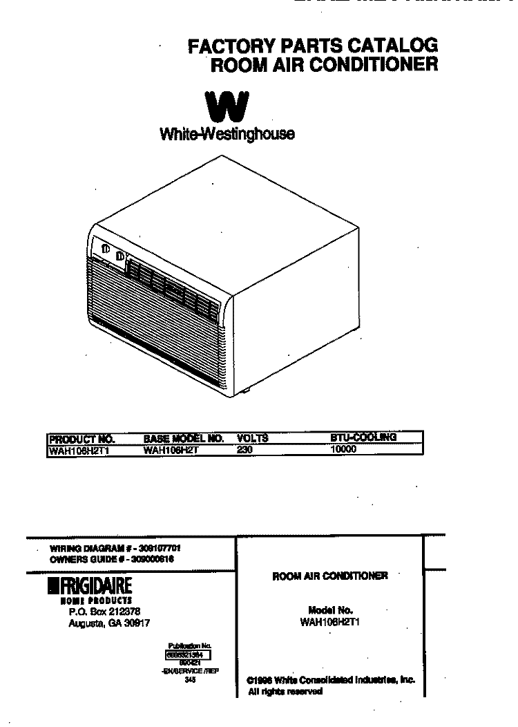 COVER Diagram and Parts List for WAH106H2T1  Frigidaire Air Conditioner