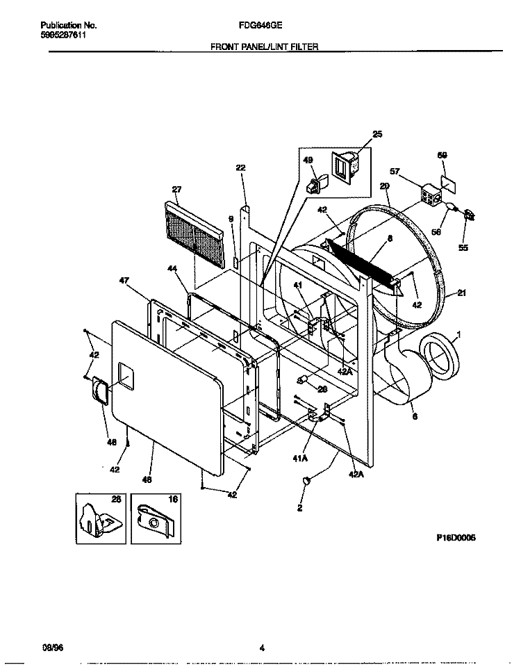 FRONT PANEL / LINT FILTER Diagram and Parts List for FDG646GES0  Frigidaire Dryer