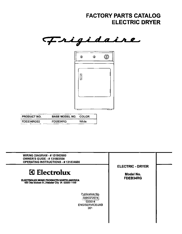 COVER Diagram and Parts List for FDEB34RGS2  Frigidaire Dryer