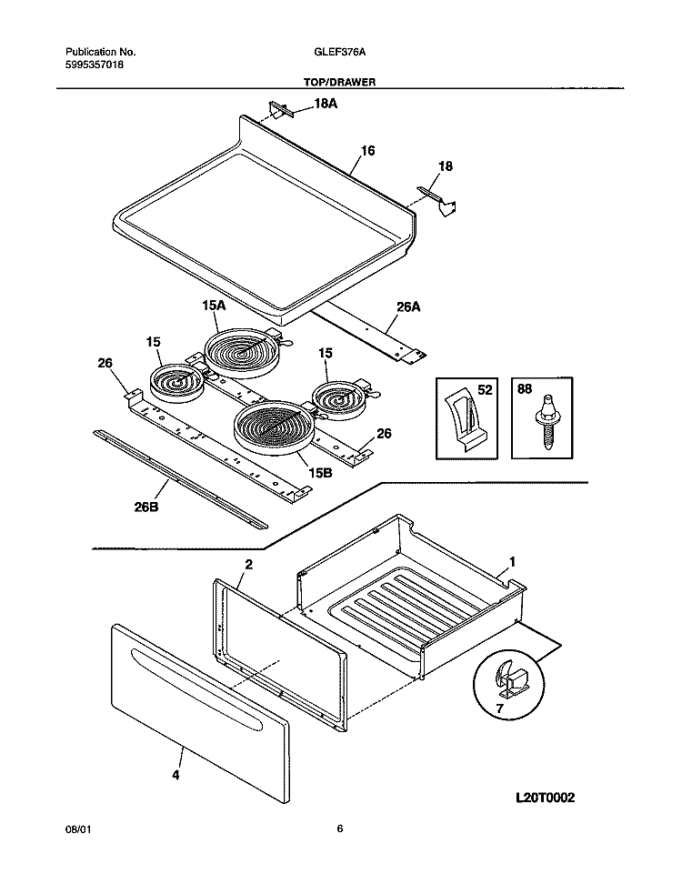 TOP / DRAWER Diagram and Parts List for GLEF376AQA  Frigidaire Range