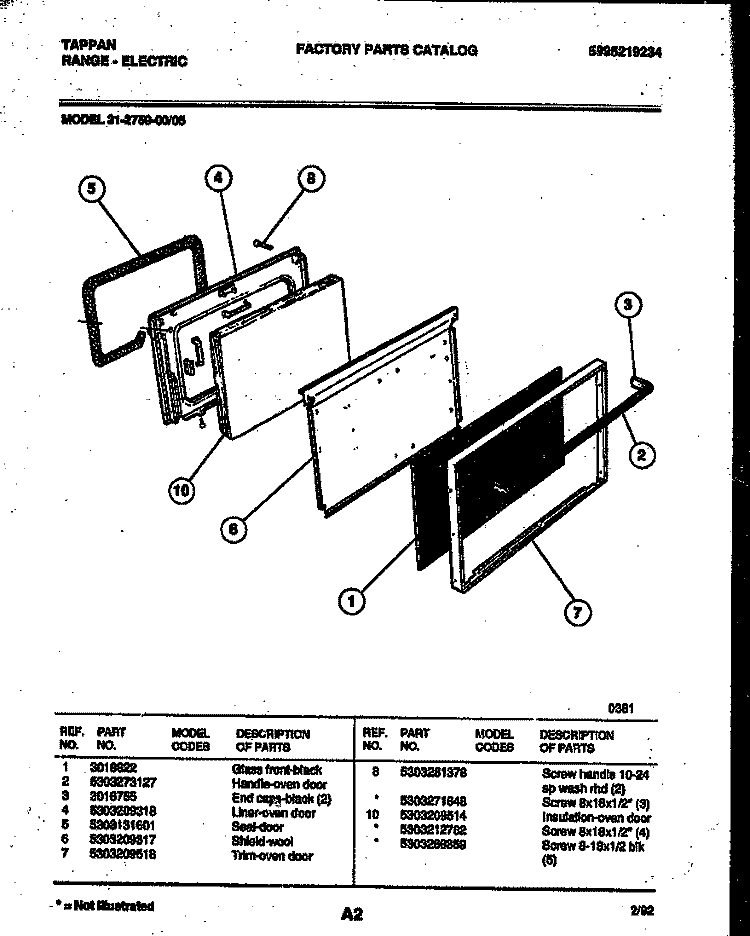 DOOR PARTS Diagram and Parts List for 31-2759-00-05  Tappan Range