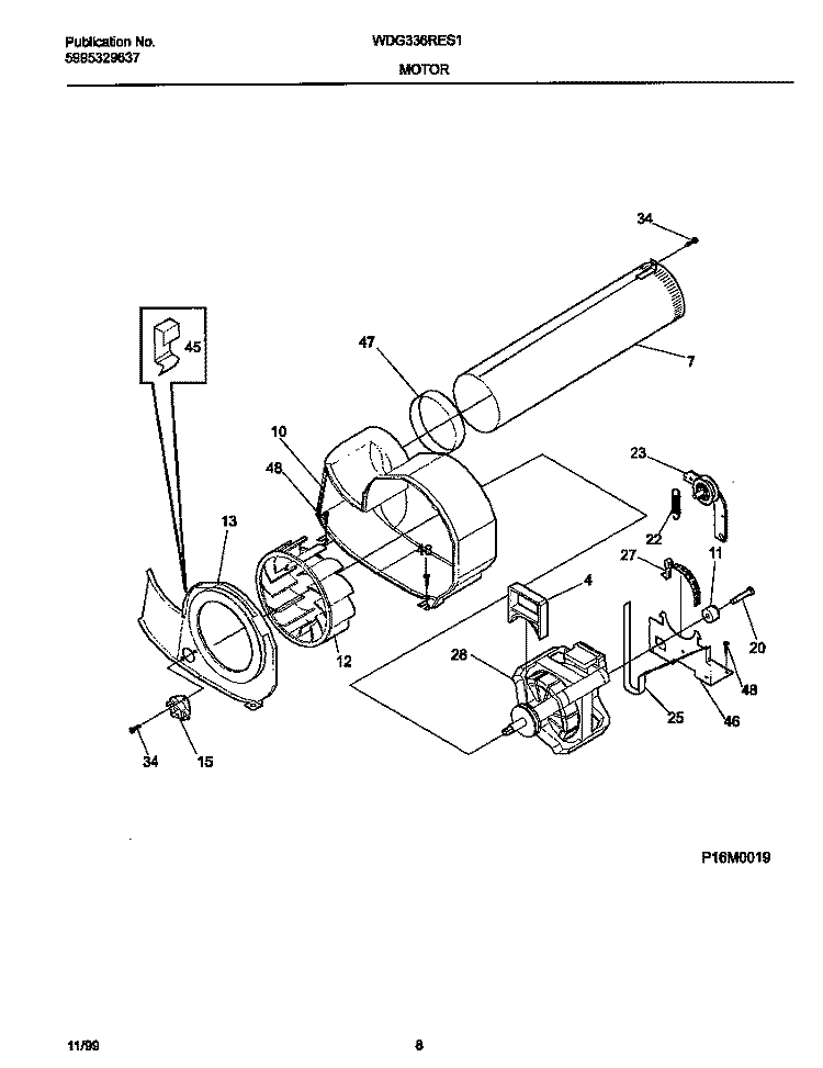 P12M0019 MOTOR, BLOWER Diagram and Parts List for WDG336RES1  Frigidaire Dryer