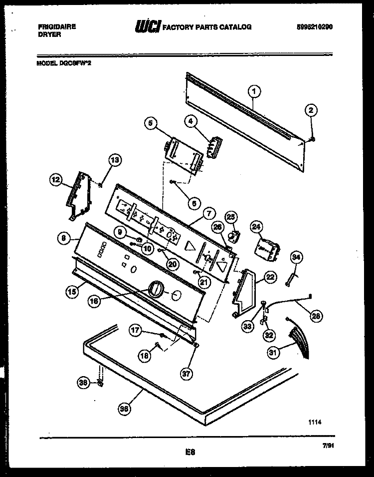 CONSOLE AND CONTROL PARTS Diagram and Parts List for DGCSFL2  Frigidaire Dryer