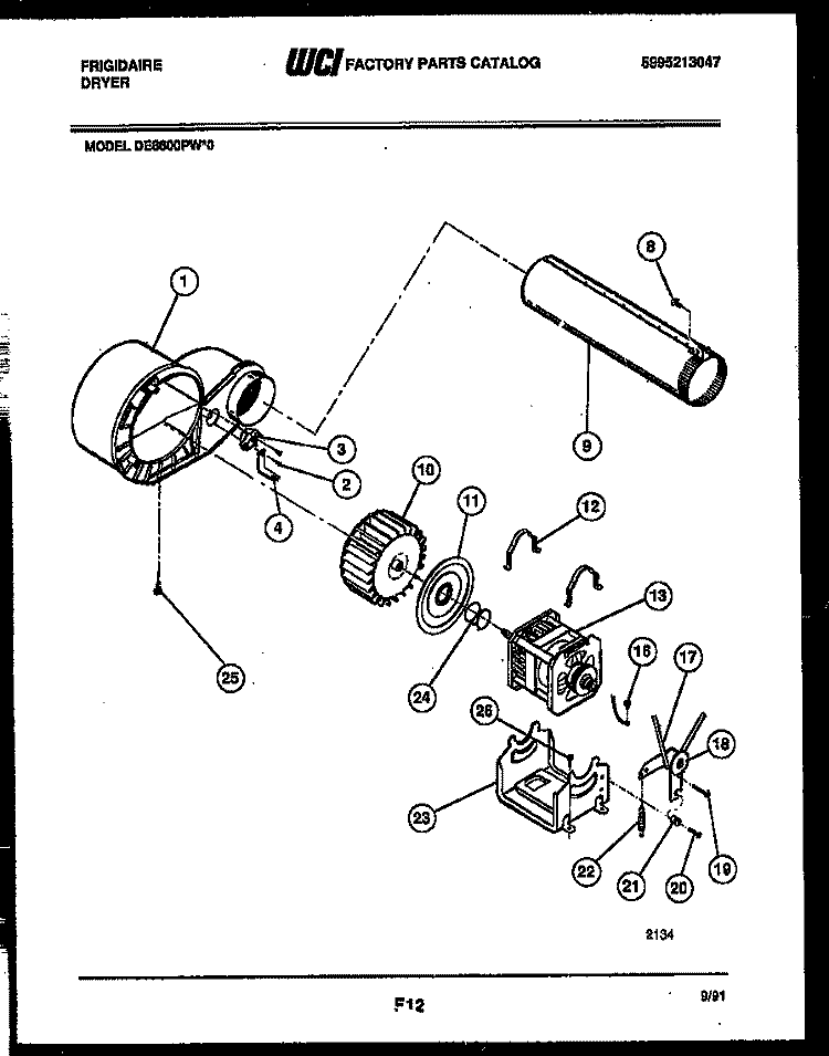 BLOWER AND DRIVE PARTS Diagram and Parts List for DE8600PW0  Frigidaire Dryer