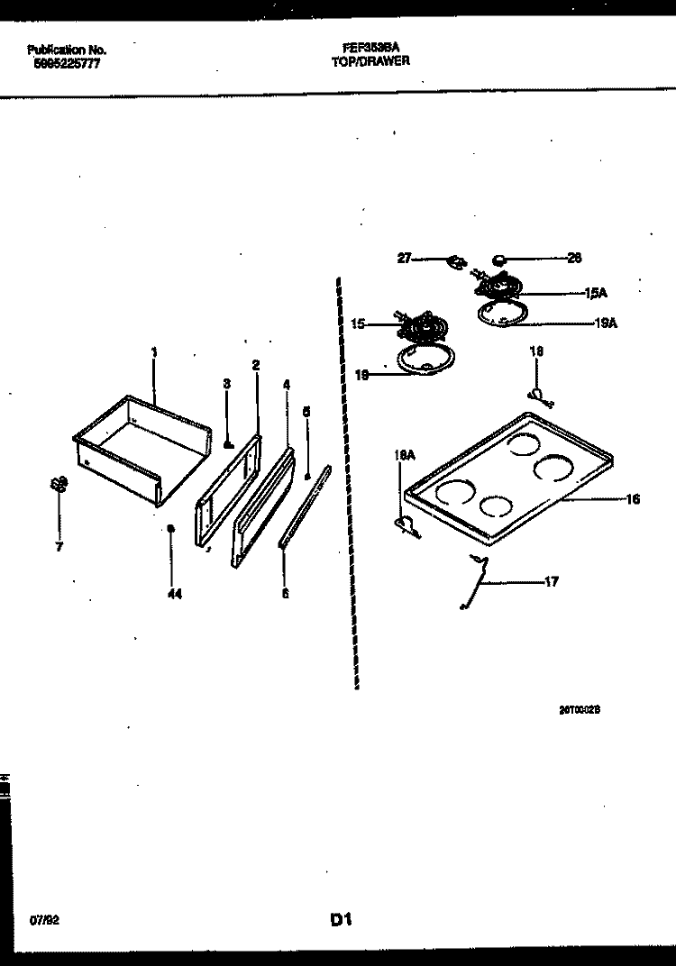 COOKTOP AND DRAWER PARTS Diagram and Parts List for FEF353BAWA  Frigidaire Range