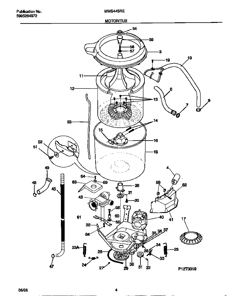 MOTOR / TUB Diagram and Parts List for MWS445RET0  Frigidaire Washer