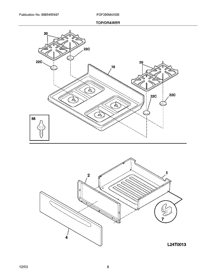 TOP / DRAWER Diagram and Parts List for FGF350MXASB  Frigidaire Range