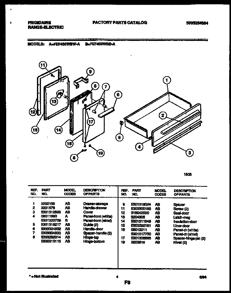 DOOR AND DRAWER PARTS Diagram and Parts List for FEF450WBDA  Frigidaire Range