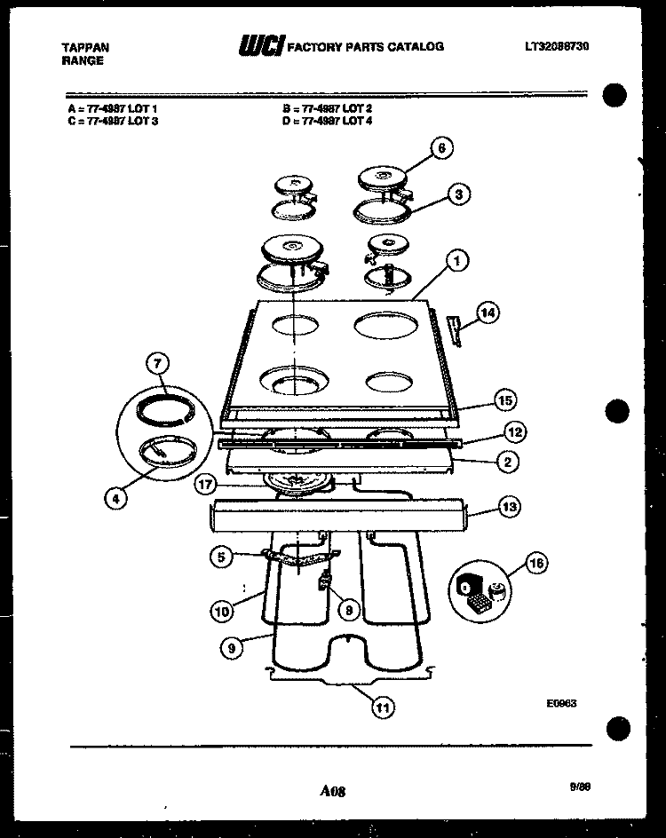 COOKTOP AND BROILER PARTS Diagram and Parts List for 77-4987-00-03  Tappan Microwave Oven Combo