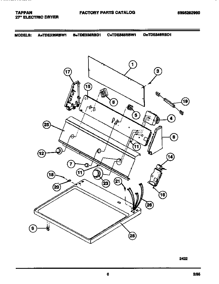 CONSOLE, CONTROLS, TOP PANEL Diagram and Parts List for TDE336RBD1  Tappan Dryer
