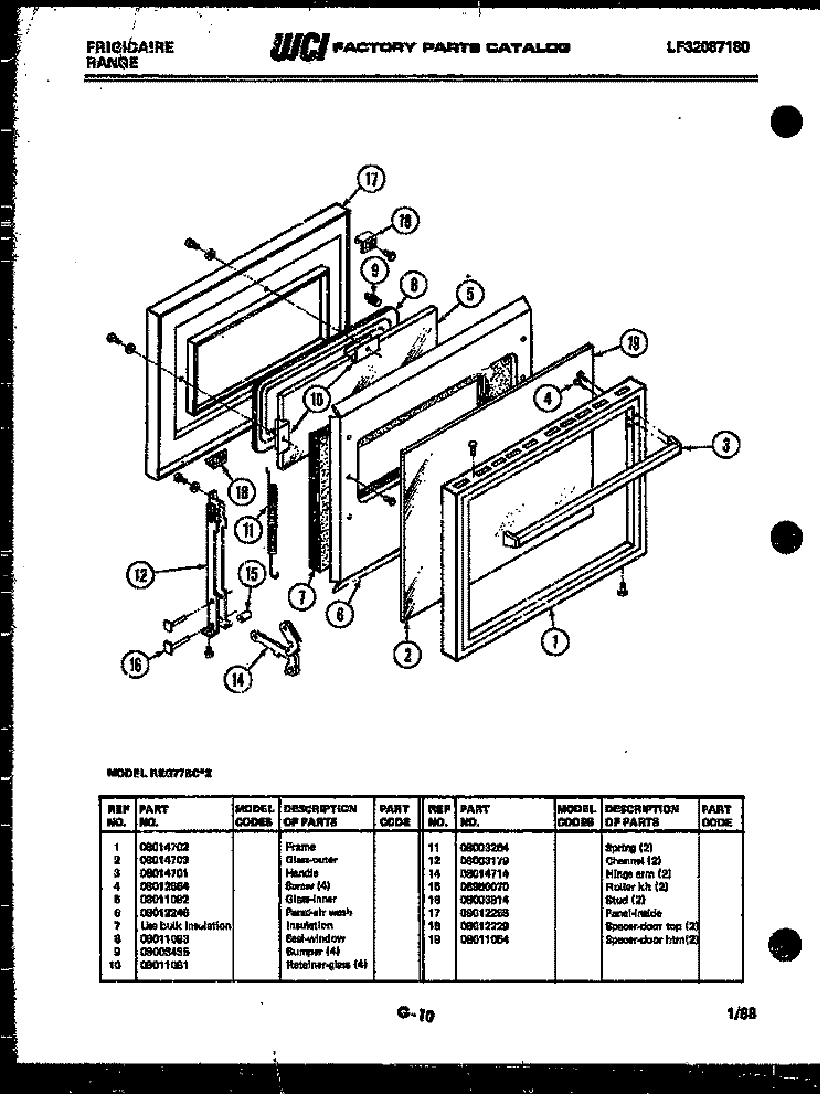 DOOR PARTS Diagram and Parts List for REG77BCB2  Frigidaire Wall Oven