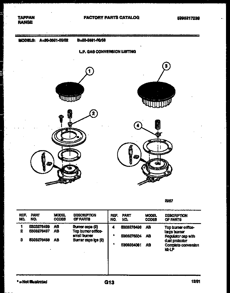 BURNER PARTS Diagram and Parts List for 30-3851-00-02  Tappan Range